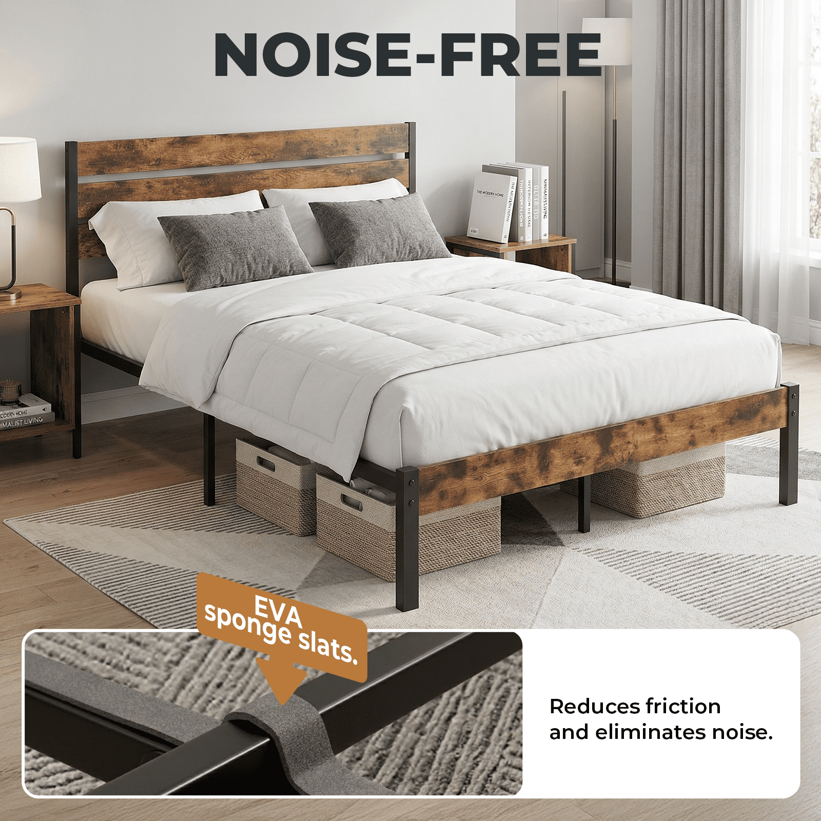 Alvantor Metal Platform Bed Frame with Headboard & Footboard - No Box Spring Needed, 800LBS Sturdy Wooden Slats Support, Industrial Style