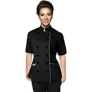 Short Sleeves Tailored Fit Chef Coat Jacket Uniform for Women for Food Service, Caterers, Bakers and Culinary Professional (Black/White Trim, Medium)