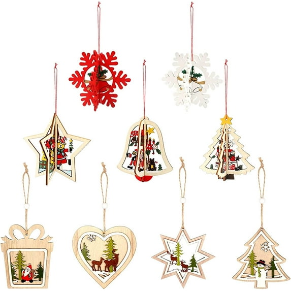 9 Pcs 3D Christmas Wooden Ornaments Christmas Unfinished Wood Cutouts with Hole for Christmas Party Decorations