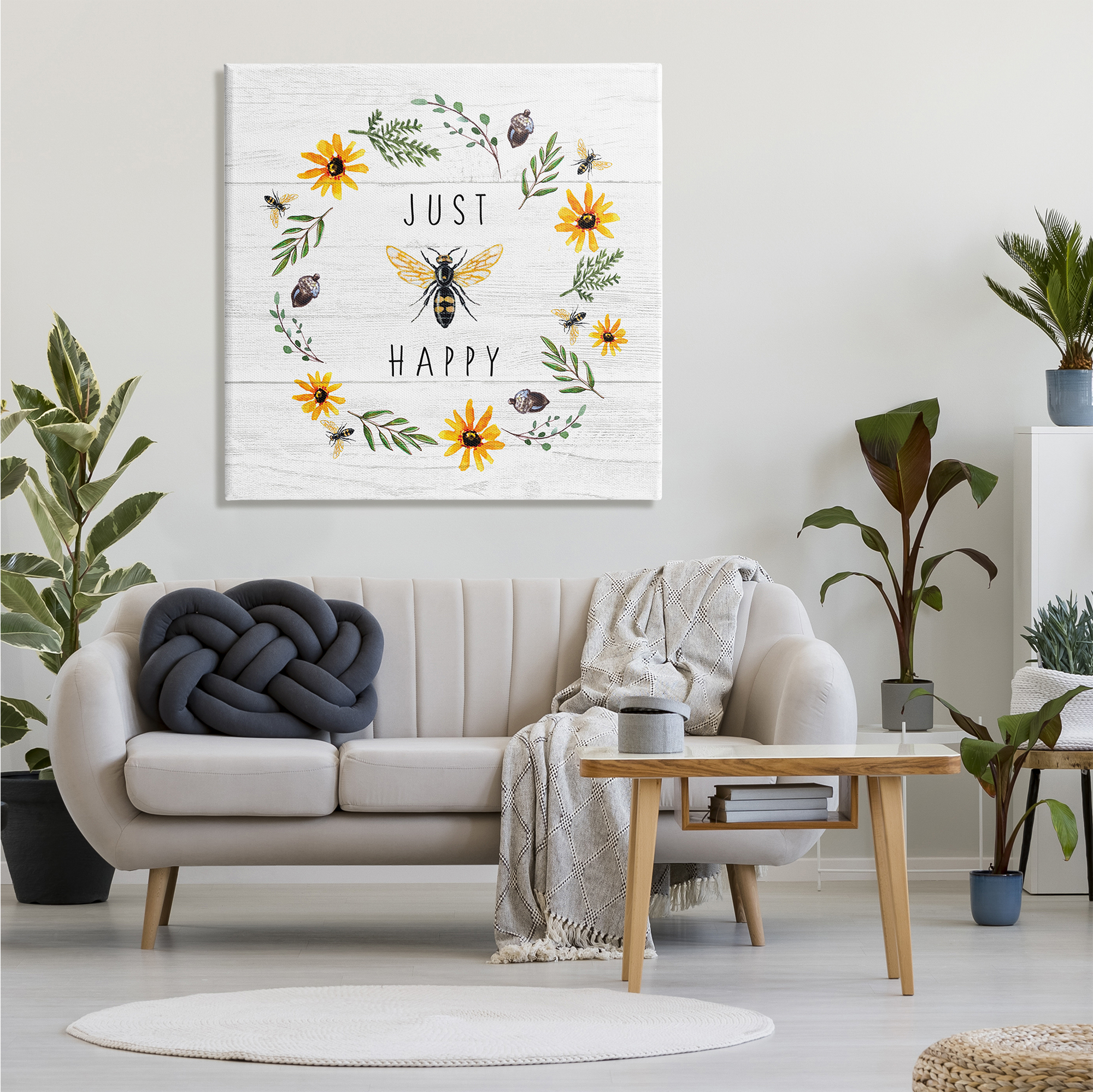 Stupell Industries Just Bee Happy Pun Phrase Yellow Daisy Wreath, 36 x 36, Designed by Elizabeth Tyndall