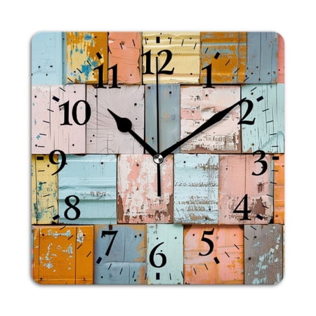 Square Wall Clock,Vintage Shabby Wooden Wall,Silent Non-Ticking Wall Clock Decor for Home Office Kitchen Living Room Bedroom(14inch)