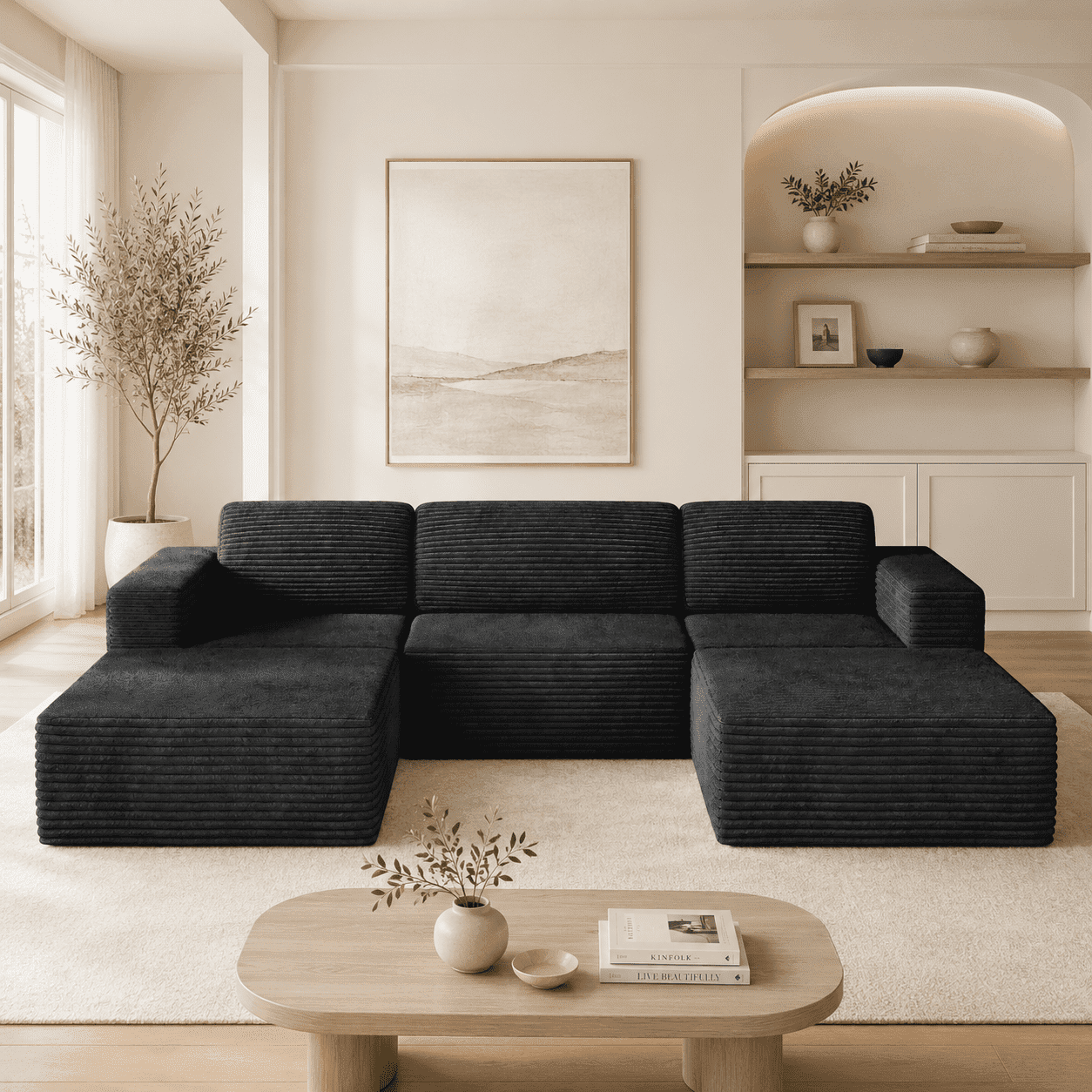 120" Oversized Boneless Sectional Couch Bed for living room, 5 Seats, Corduroy Modular U Shaped Sofa, Big Comfy Home Apartment Furniture, No Assembly Needed, Black
