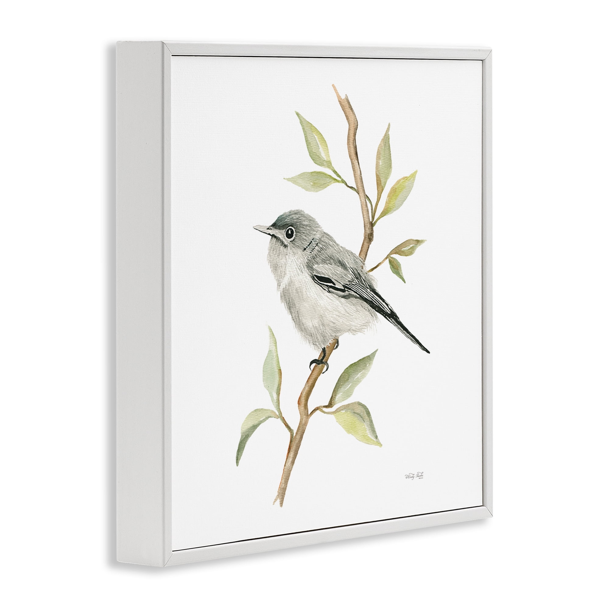 Stupell Industries Bird on Simple Branch Animals & Insects Painting White Framed Art Print Wall Art, 24 x 24