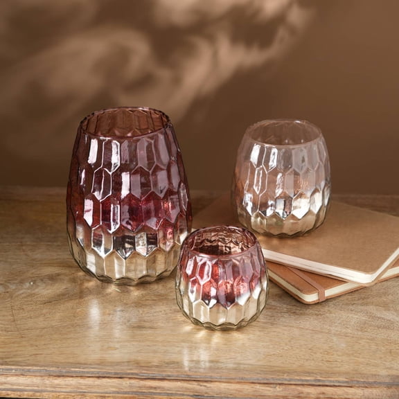 Expobazaar Hexagon Embossed Half Mercury Medium Votive Vase - Ruby Color, Exquisite and Intricate Decor Piece for Modern Elegance, Unique Geometric Appeal, Embossed Design for Texture and Depth