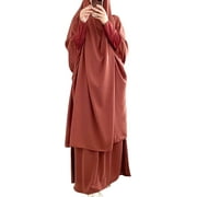 DEX Prayer Clothes for Muslim Women Islamic Abaya Suit Maxi Skirt + Khimar Hijab 2pcss Burka Jilbab Kaftan Orange One Size