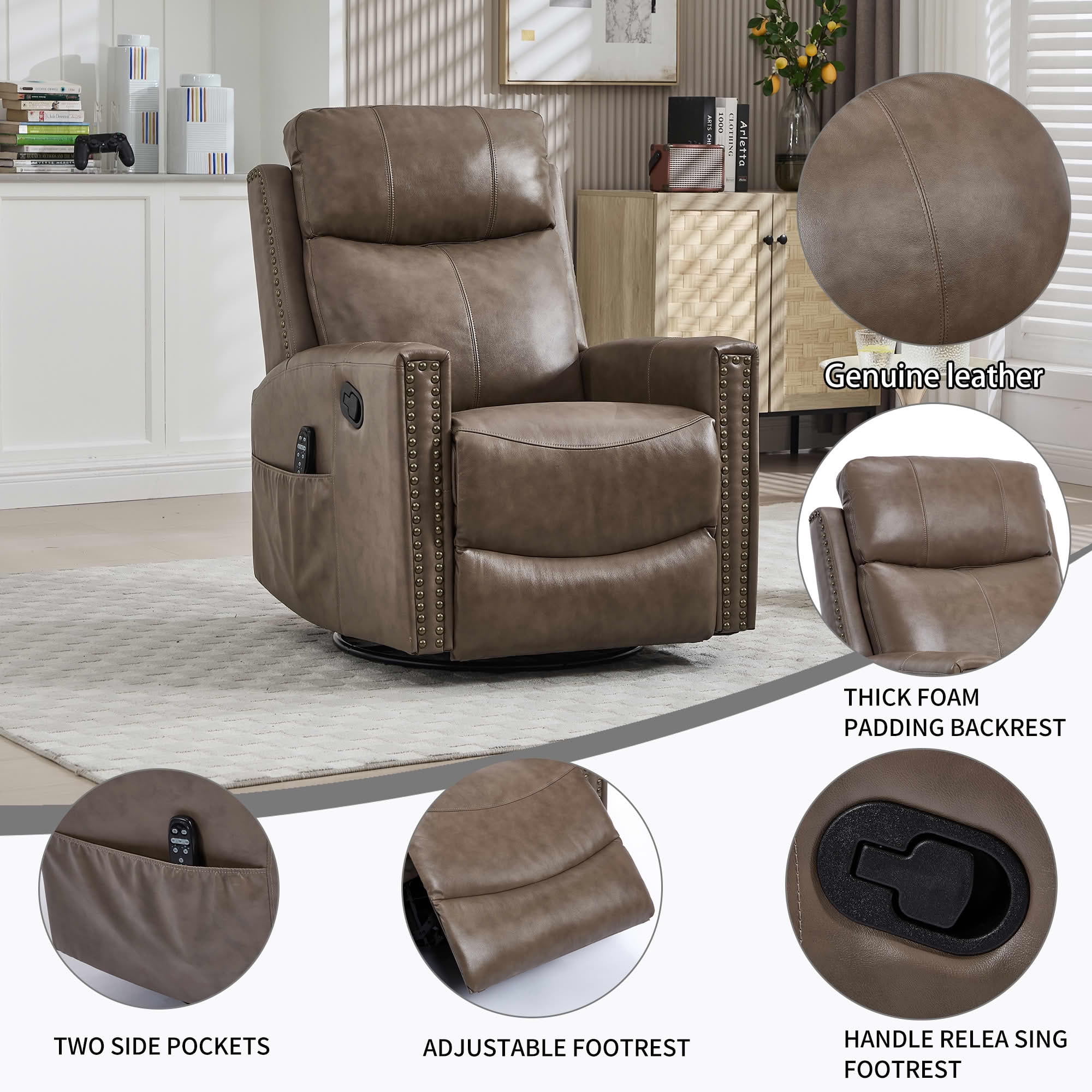 MAYEERTY Camel Brown Genuine Leather Manual Recliner Chair 360° Swivel Rocker 155° Recline with 8-Point Massage Heat for Living Room
