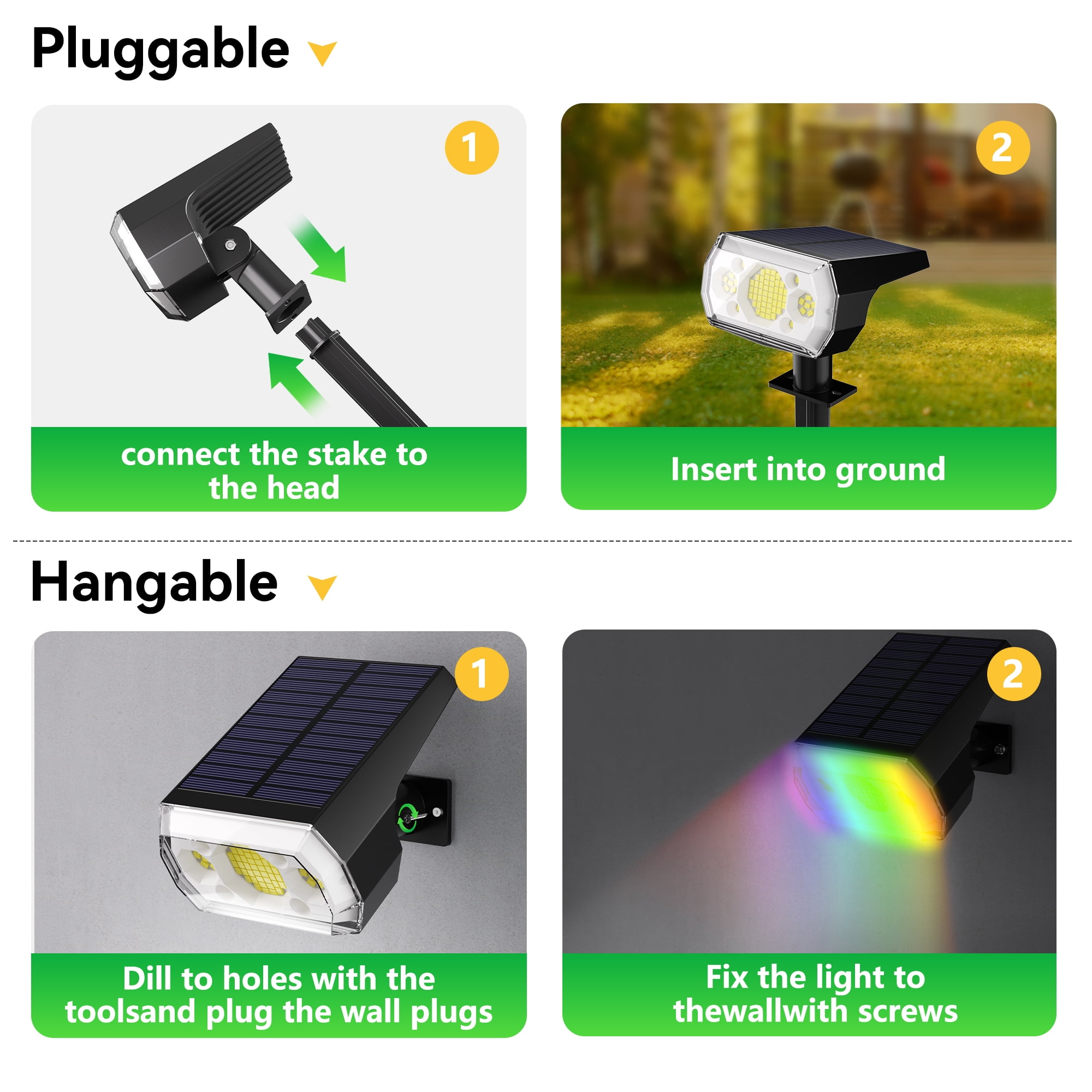 DAYBETTER Outdoor Solar Lights, 7 Modes/6 Color Changing Multicolor Spotlights for Yard Garden Decor