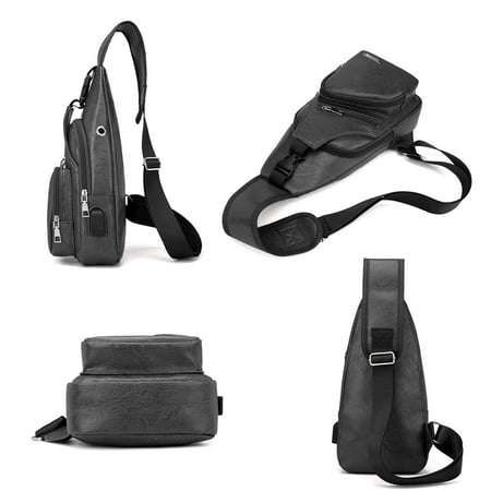 Men&#39;s Leather Sling Bag, Chest Shoulder Backpack, Water waterproof Crossbody Bag with USB ...