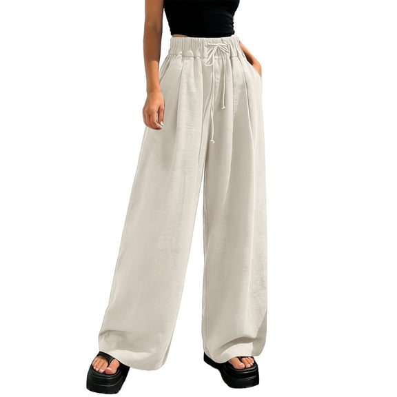 TRUBKH Beach Pants for Women Cotton Linen Palazzo Pants Teacher Pants Gaucho Pant Casual Pants for Women Palazzo Drawstring Wide Leg Linen Pants Cotton Palazzo Pants for Women Beige M-5XL
