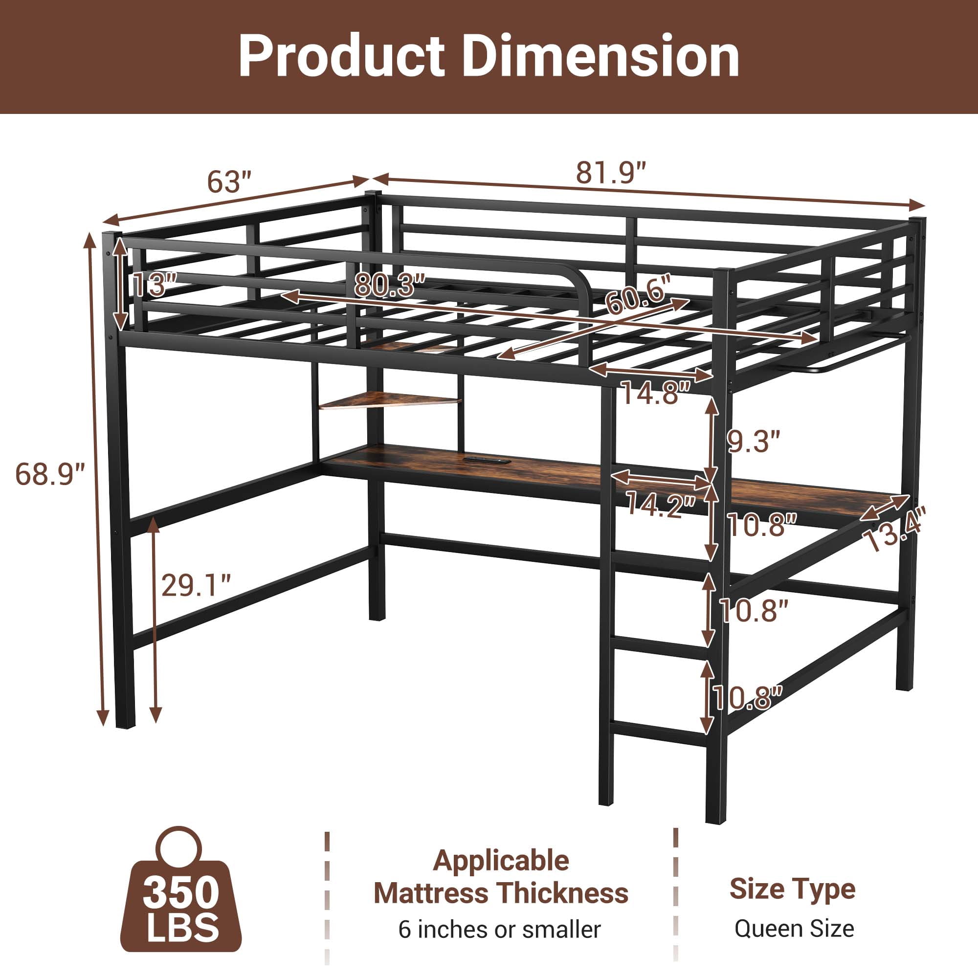 Queen Size Loft Bed Frame with Desk, Shelves, LED Lights & Charging Station, Metal Loft Bed for Adults, Black