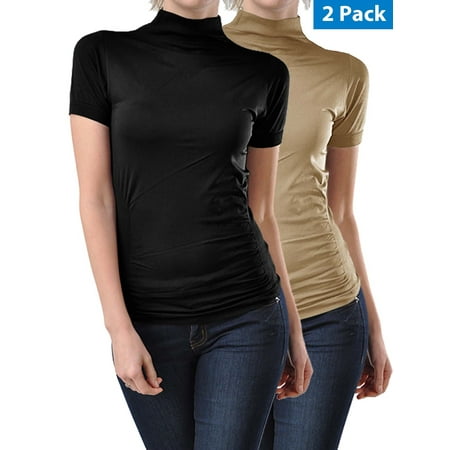 2 Pack Women Seamless Short Sleeve Mock Neck Turtleneck Blouse Top Tee (Best Mock Turtleneck Womens)