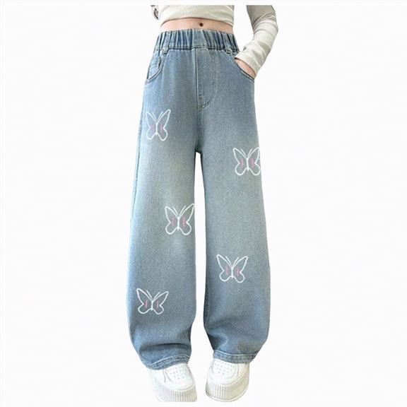 kpoplk Girls Wide Leg Jeans with Pockets Comfort Stretch Waist Casual Denim Trousers for Kids(Light Blue,13-14 Y)