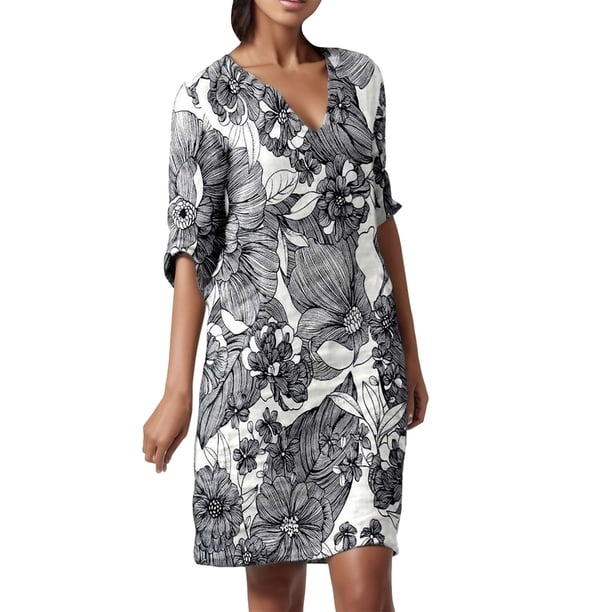 Gibobby Vestido corto casual para mujer Mujeres Vintage vestido de impresión V vestido de cuello de longitud media Casual vestidos de media manga vestido e(Negro,M)