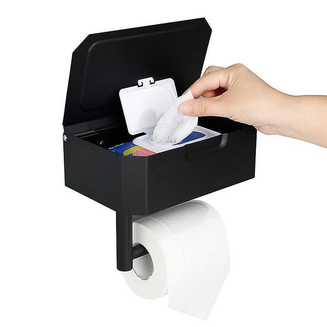Soporte para papel higiénico, soporte para papel higiénico con dispensador de pañuelos desechables y estante de almacenamiento para teléfono móvil para baño, cocina, baño (negro)