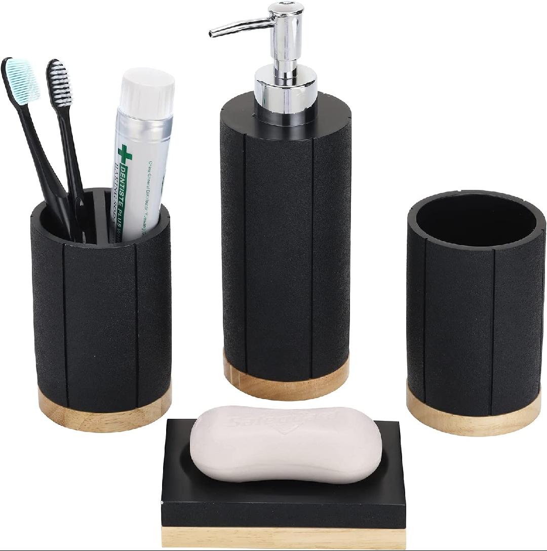 4 Piece Modern Black & Natural Acacia Wood Bathroom Accessories Set