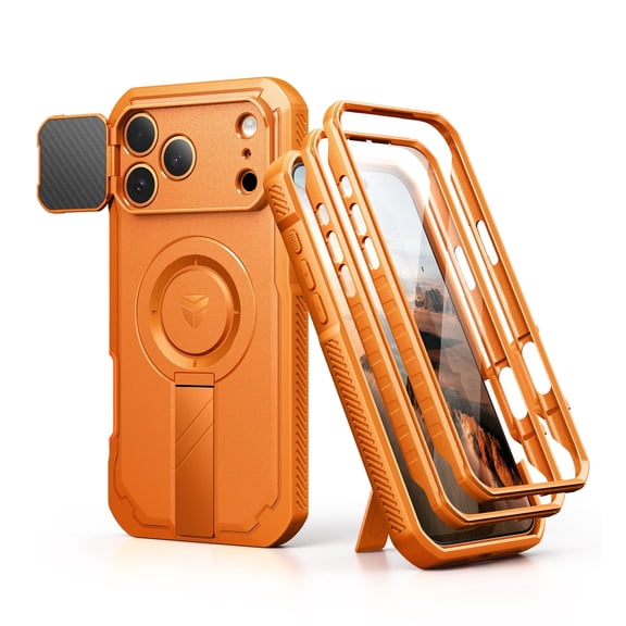 Dexnor for iPhone 17 Pro Max Case with Slide Camera Cover & Foldable Kickstand & Built-in Screen Protector,Compatible with MagSafe Shockproof Bumper Case Heavy-Duty Magnetic Protective Cover,Orange