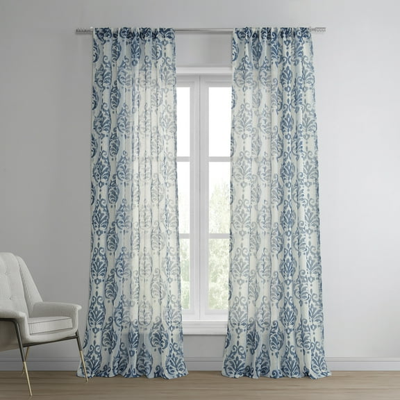 Fresco Blue Printed Faux Linen Sheer Curtain (1 Panel), Fresco Blue, 50W X 84L