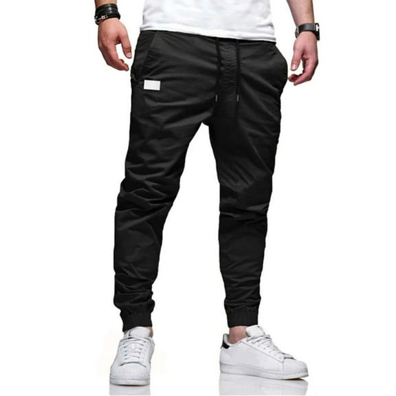SWSMCLT Men's Long Casual Pants Work Pants Elastic Waist Comfy Trousers Cotton Summer Tapered Casual Outdoor Black Small