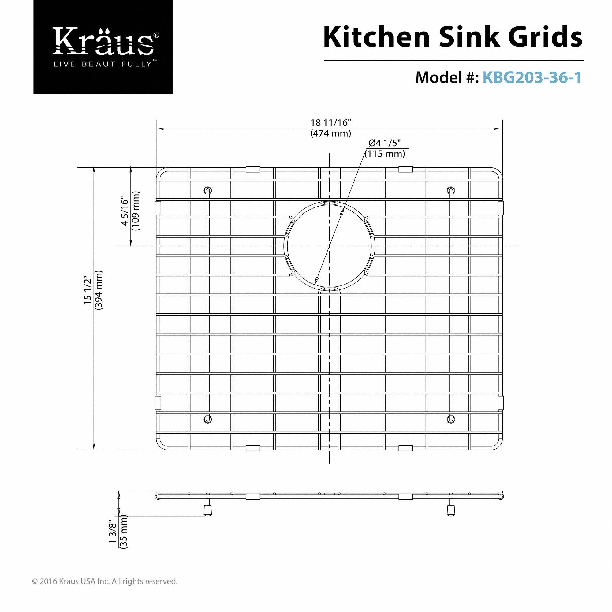 KRAUS KBG-203-36-1 Stainless Steel Bottom Grid for KHF203-36 Left (Large) Bowl 36? Farmhouse Kitchen Sink, 18 11/16? x 15 1/2? x 1 3/8? - image 2 of 2