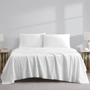 Color Sense 4-Piece 100% Cotton Percale Bed Sheet Set, Cool & Crisp Bedding, Queen, White