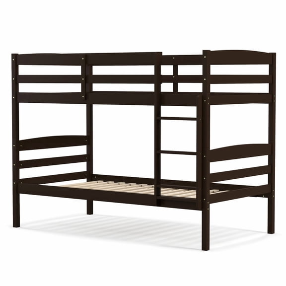 Furnibear Solid Wood Twin Over Twin Bunk Bed Frame with High Guardrails and Integrated Ladder for Kids and Teens with Space-Saving Stackable Design, Espresso
