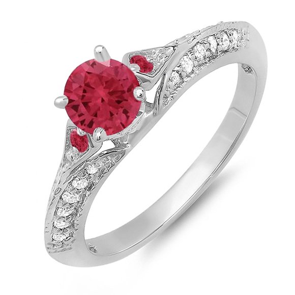 Dazzlingrock Collection 14K Round Ruby & White Diamond Ladies Bridal Engagement Ring, White Gold, Size 6.5