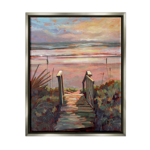 Stupell Industries Beach Shore Sunset Boardwalk Path Coastal Painting Gray Floater Framed Art Print Wall Art