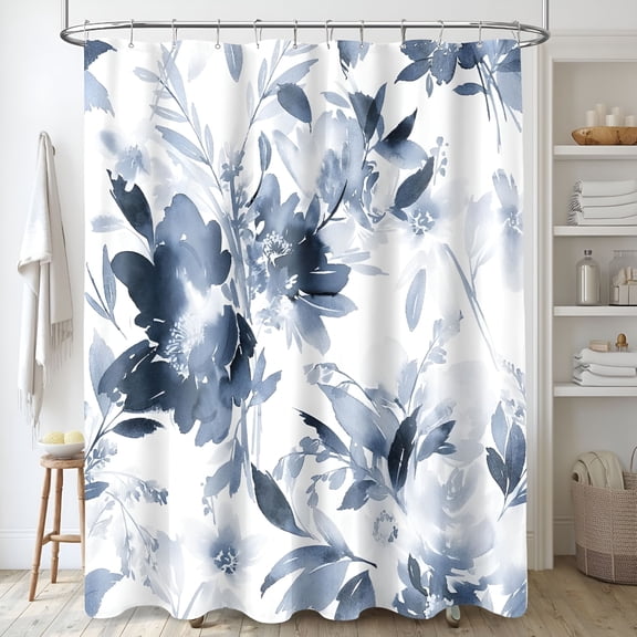 AUQ Extra Long Shower Curtain 72 x 84",Tall Watercolor Floral Fabric Shower Curtain,Modern Abstract Navy Blue Flower Bathroom Shower Curtain Set with Hooks