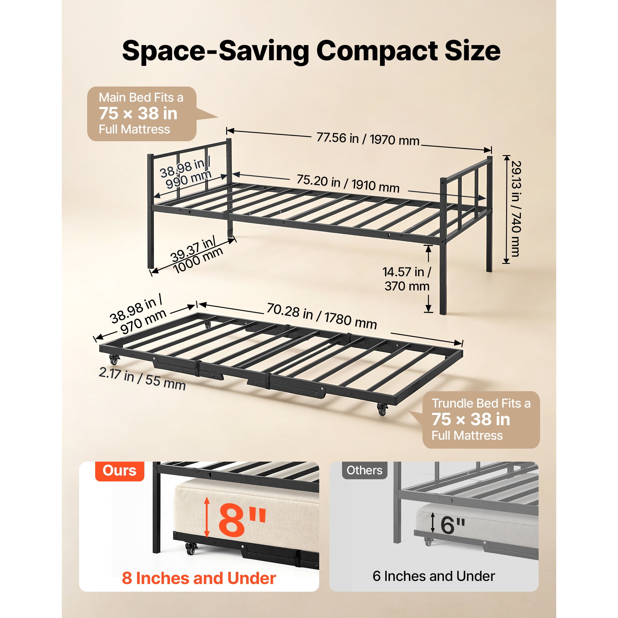 KFFKFF Twin Daybed with Pop-Up Trundle Metal Frame,Rectangular Design for Living Room,Bedroom,or Guest Room.Space-Saving Heavy-Duty Metal Sofa Bed with 2 Lockable Casters,Simple Assembly,Black Finish