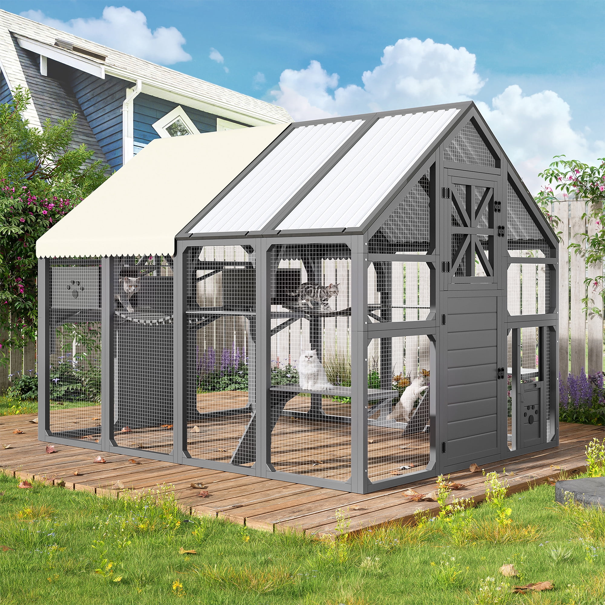 95" Outdoor Large Catio, Cat Enclosure for Multiple Cats, Walk-in Outdoor Cat House with 8 Platforms, 2 Resting Boxes, 1 Bridges & 1 Weatherproof Cover, Gray
