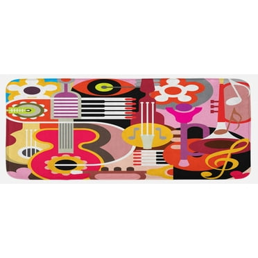 Music Kitchen Mat, Complex Graphic with Various Musical Properties Keyboard Festival Piano Design, Plush Decorative Kitchen Mat with Non Slip Backing, 47" X 19", Multicolor, by Ambesonne