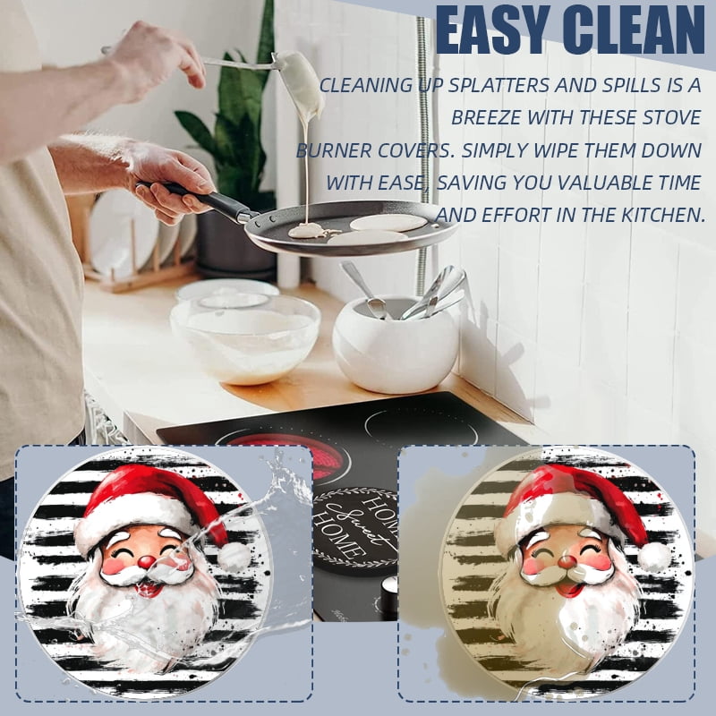 Christmas Round Gas Stove Burner Covers, Xmas Smiling Santa Claus Mental Durable Gas Stove Burner Covers Set of 4 for Cooktop Decorative, Kitchen Holiday Decor, 8 Inches and 10 Inches