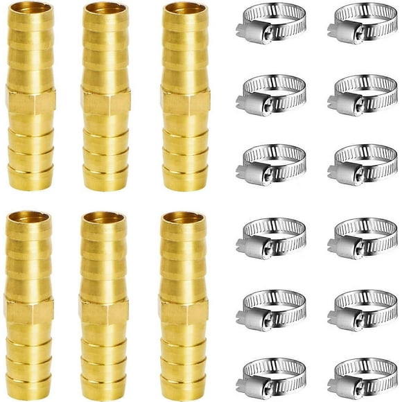 Brass Hose Fitting Pneumatic Fitting 10mm, 6 Pieces Brass Hose Connector for Fuel Air Water Gas Oil, with Clamps (I)
