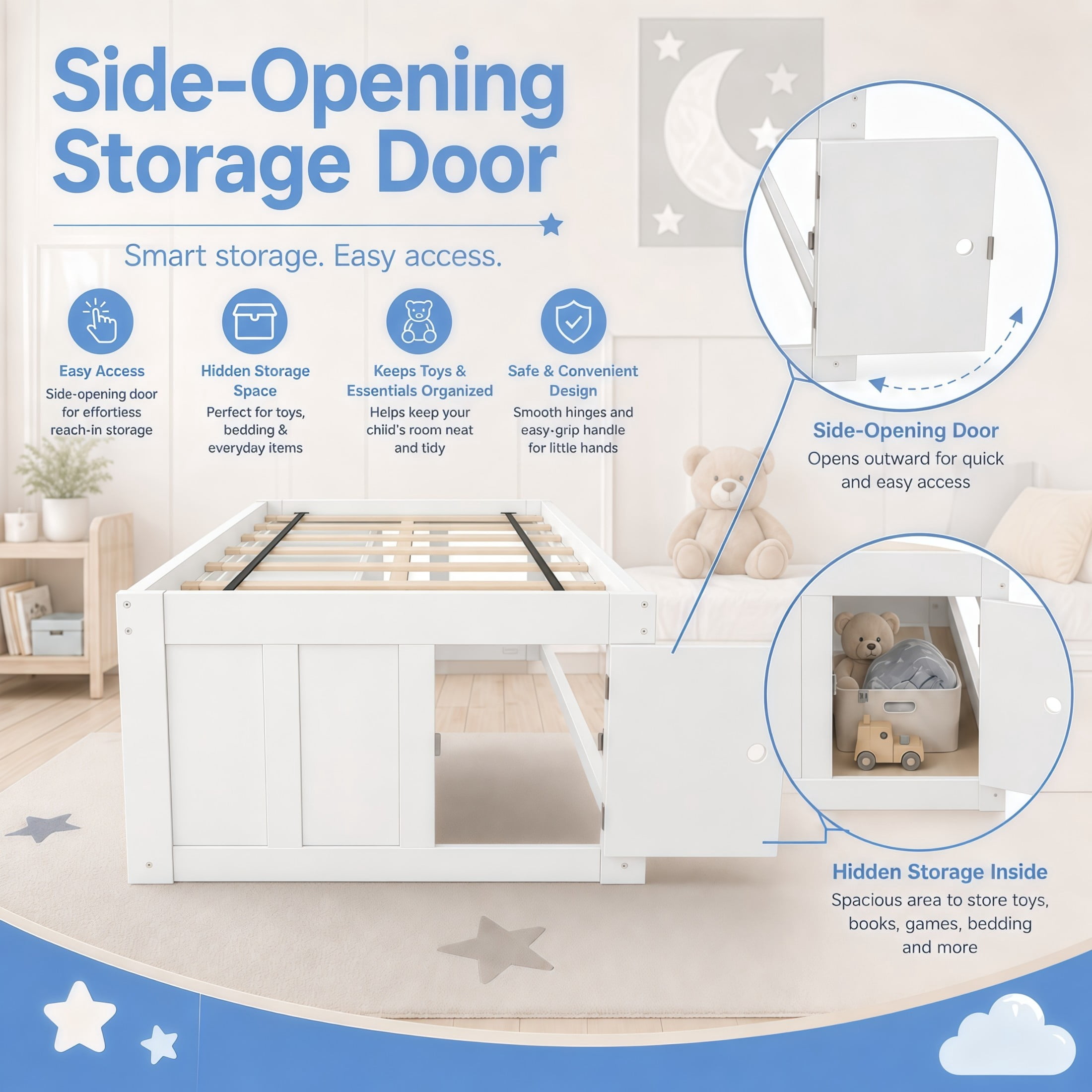 GDF Studio Tyler Twin Size Captain Bed with Storage Drawers & Side Door, Modern Space-Saving Bed for Kids, White