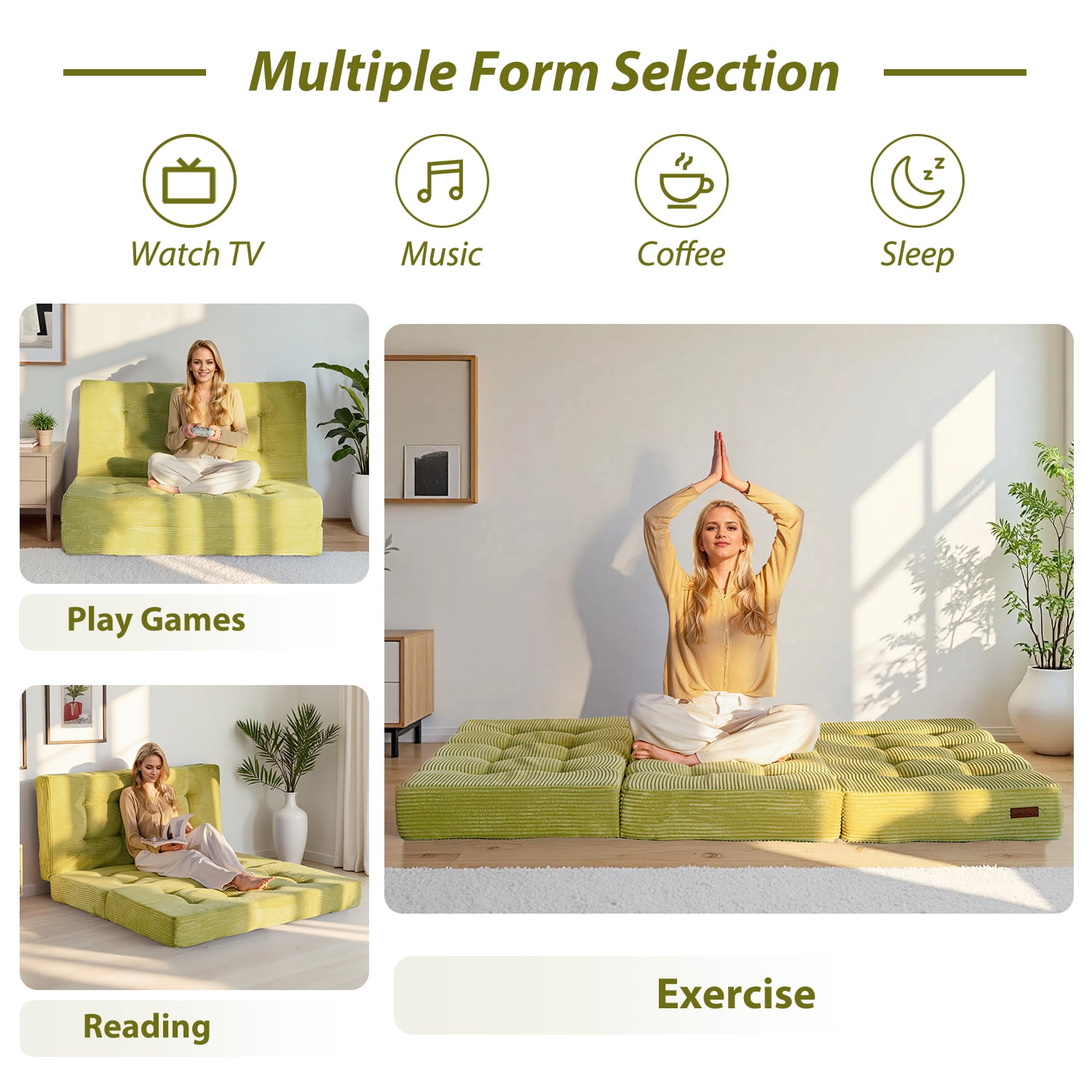 BYBYME 6 inch Tri-Fold Mattress,Corduroy Folding Mattress Made of a Whole Foam,Memory Foam Mattress Topper Perfect for Sleeping,Camping,Twin,Green