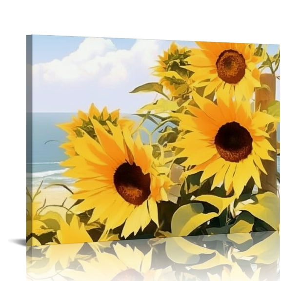 FCXZI Sunflower Canvas Wall Art Yellow Floral in Straw Woven Tote Bag Picture Print Beach Painting Vintage Artwork for Kitchen Bedroom Living Room Home Decor,Stretched and Ready to 16x12in