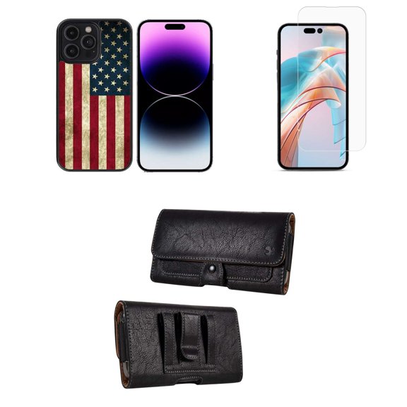 Bemz Phone Case for iPhone 15 Pro Bundle with Shockproof Anti-Scratch UV Print Protection TPU Cover, Glass Screen Protector, Horizontal PU Leather Belt Holster Pouch (Rustic American Flag)