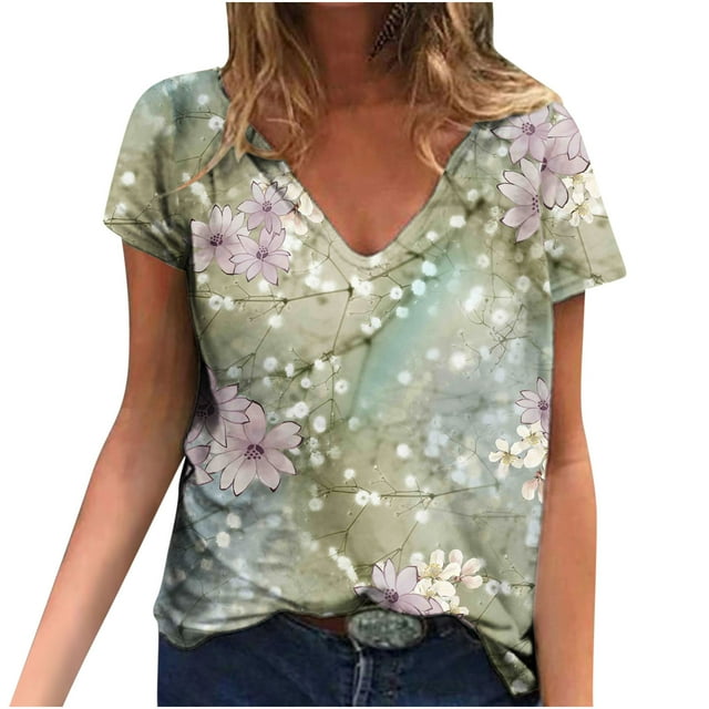 Hauts d'Été pour Femmes Manches Courtes Femmes Blouse d'Été Imprimée T-Shirts Décontractés Col en V Manches Courtes T-Shirts Hauts