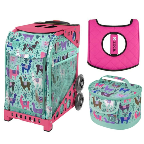 Zuca 18" Sport Bag - Llama Rama with Lunchbox and Seat Cover (Pink Frame)