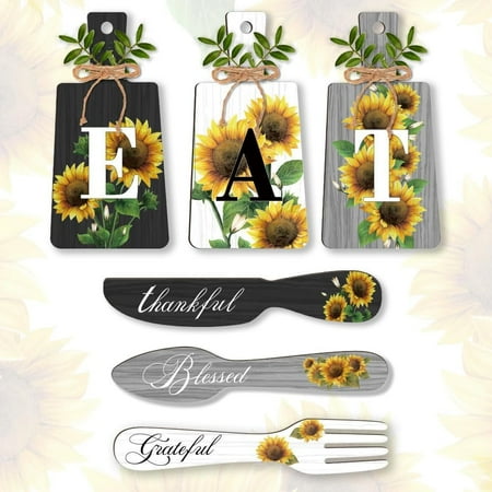 6pcs Sunflower Kitchen Wall Decor Wood Sign Eat Sign Fork Spoon Wall Decor Hanging Plaques Farmhouse Cutting Board Sign with Hemp Rope for Home Kitchen Dining Living Room Bar Cafe