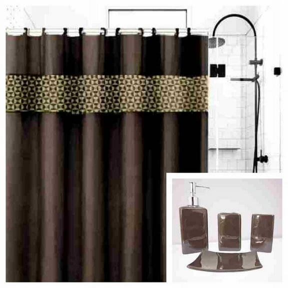 17 Pieces Bathroom Complete Set Shower Curtain with Hooks and Ceramic Accessories Set ( Fresco Brown )