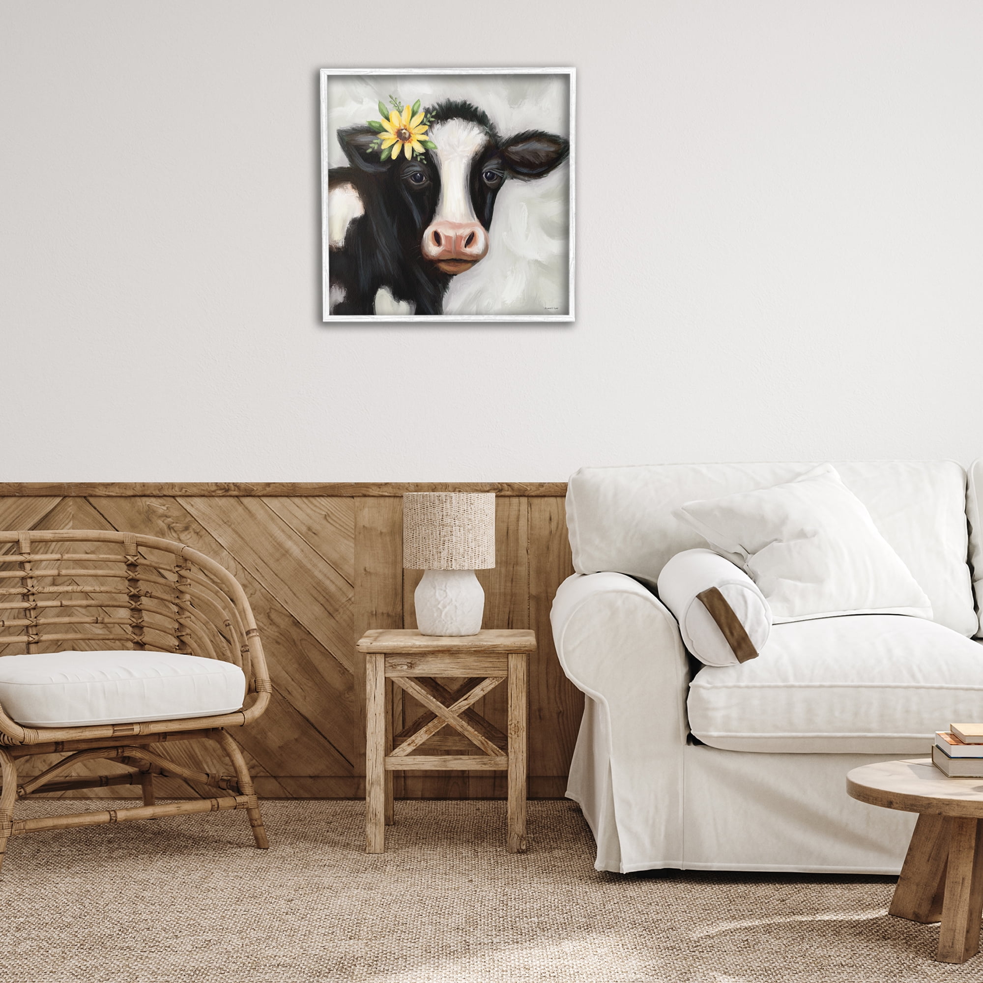 Stupell Industries Cow with Yellow Daisy Animals & Insects Painting White Framed Art Print Wall Art, 24 x 24