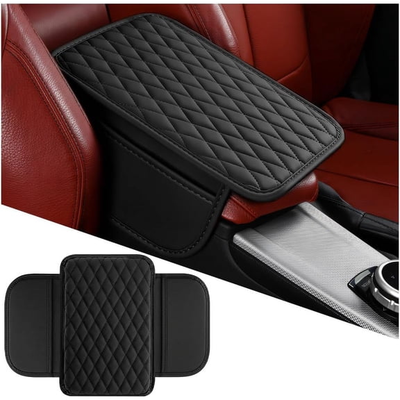 Car Center Console Cover, Microfiber Leather Vehicle Armrest Protector Cushion with 2 Storage Bags, Auto Interior Arm Rest Seat Box Pad Accessories, Universal for SUV, Sedan, Truck (Black)