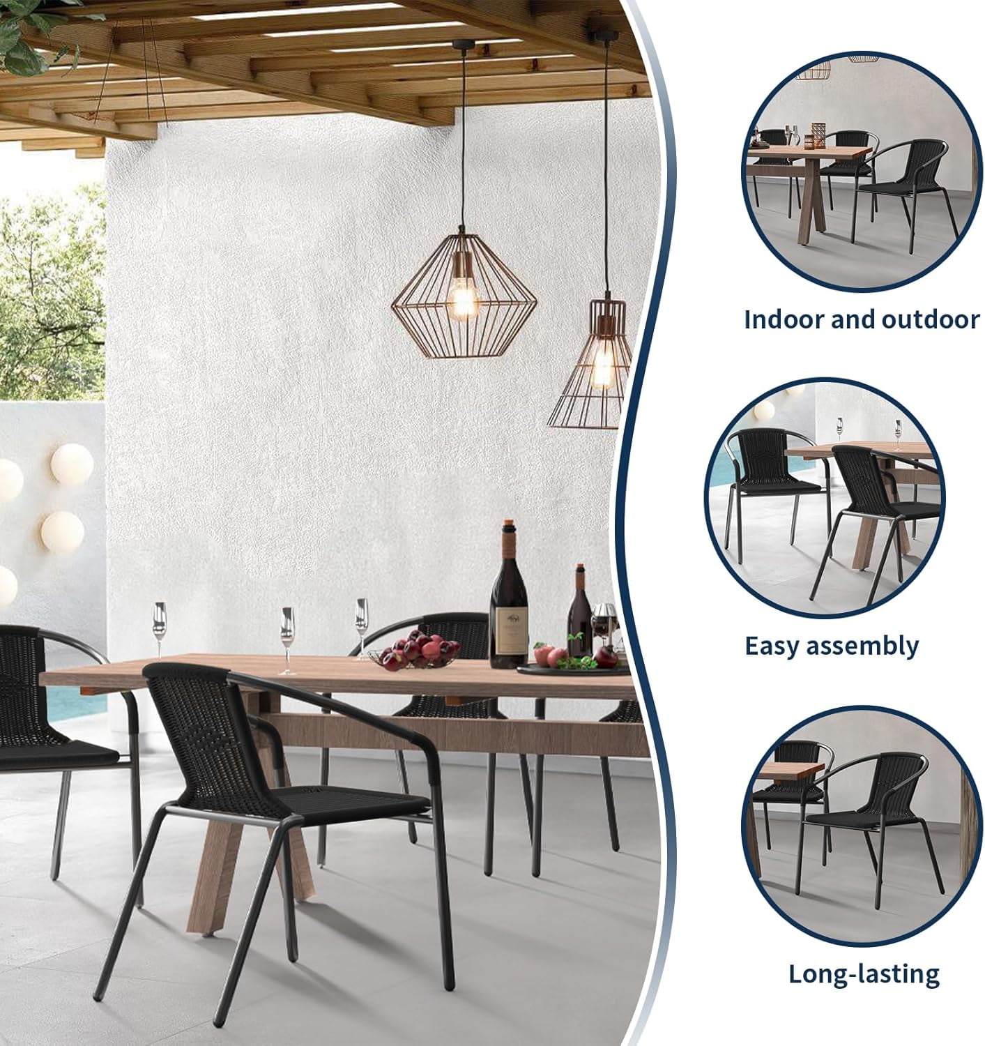 ELPOSUN Outdoor Dining Chairs Set of 6, Wicker Patio Chairs with Metal Frame, Rattan Indoor-Outdoor Chairs for Bistro, Deck, Backyard, Porch, Restaurant Stack Chair 6 Pack (Black)
