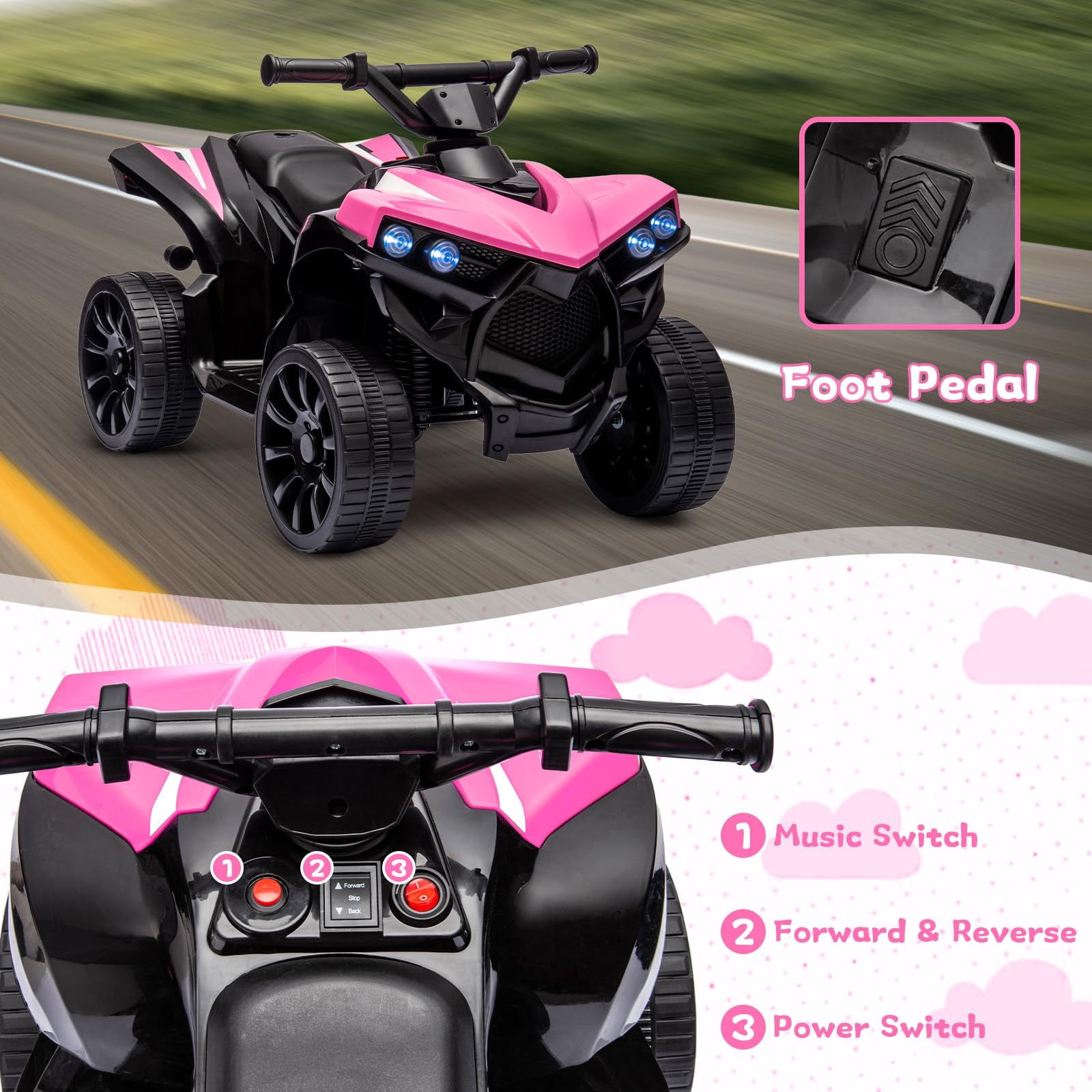 Juiluna Kids ATV 4 Wheeler, 6V Ride on Toy with 1.8MPH Max Speed, Wear-Resistant Wheels, Music & Foot Pedal, Battery Powered Electric Quad Car for Kids Toddlers