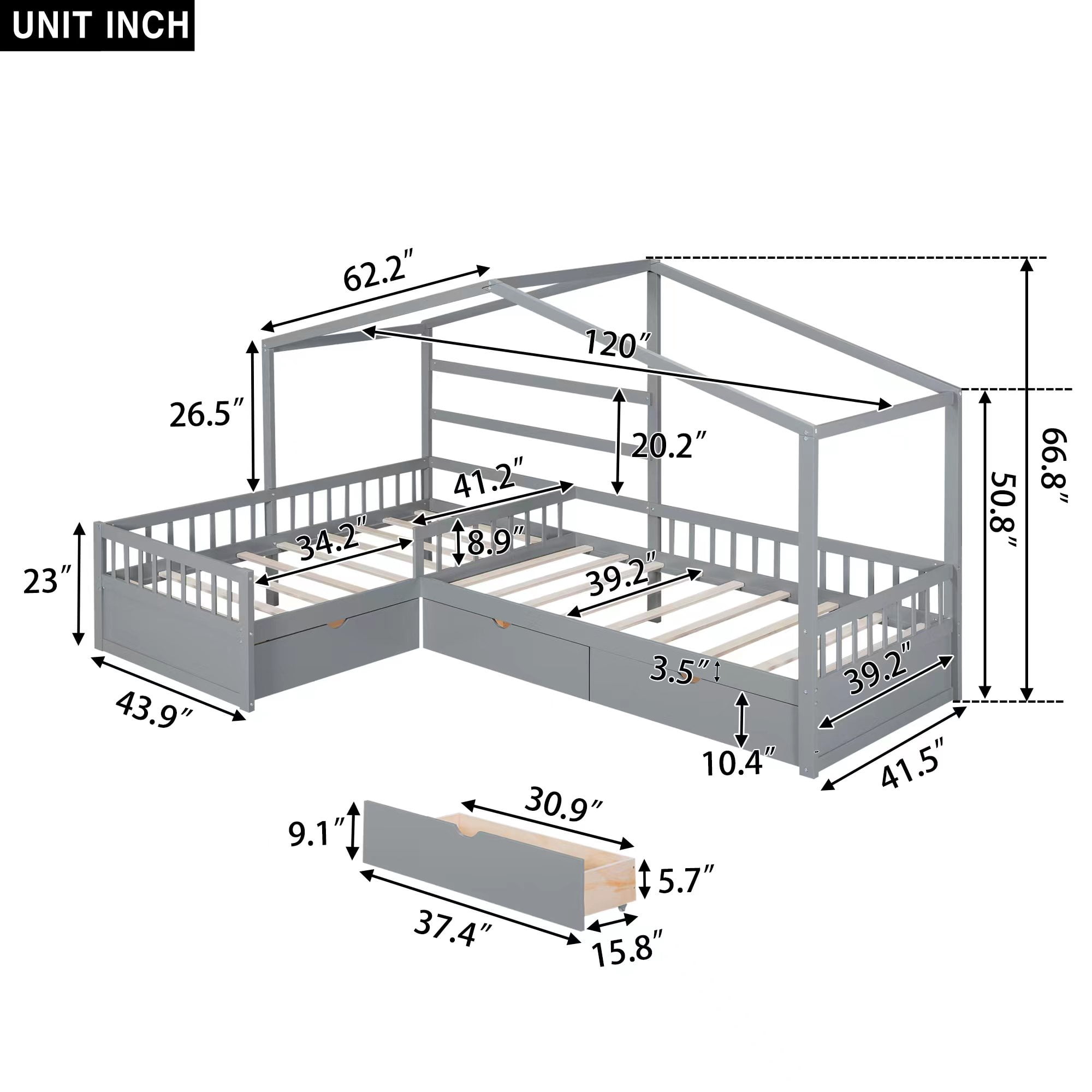 Bellemave House Bed Double Twin Beds, Wood L-Shape Twin Bed with 3 Storage Drawers, Montessori Bed with Roof and Fencefor Toddler Kids Girls Boys (Gray)