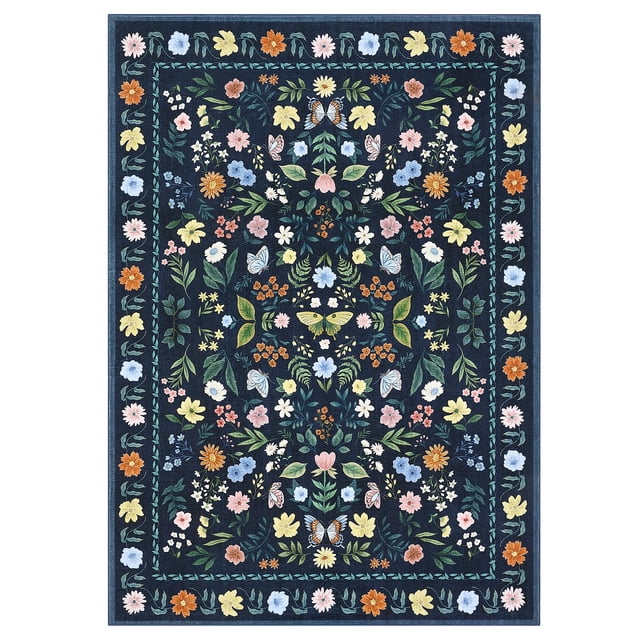 5x7Ft Washable Area Rug - Floral Boho Vintage Carpet - Non Slip Backing Low Pile Design - Soft Floor Rug for Living Room Office - Collapsible Durable Stain Resistant - Blue