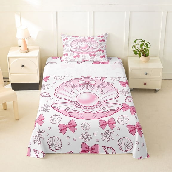 spefrowx Cute Pearl Shell Twin Sheets for Kids, Pink Princess Bow Coral Bedding, 3 Pieces, 1 Flat Sheet, 1 Fitted Sheet and 1 Pillowcase
