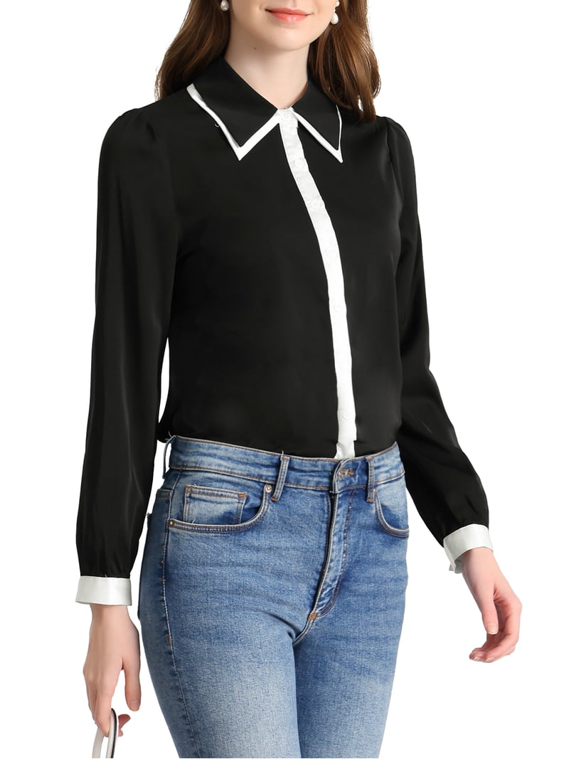 juniors black dress shirt Moda Nova Juniors Contrast Collar Long Sleeve Office Button Down Shirt Black M, Women's, Size: Medium