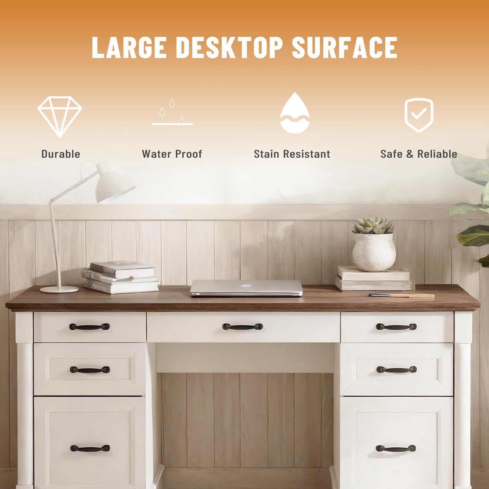 EDX Wood Computer Writing Desk Farmhouse Executive Desk, Rustic Office Desk with Charging Station and Keyboard Tray,Home Workstations with File Drawer, Storage Cabinet, White